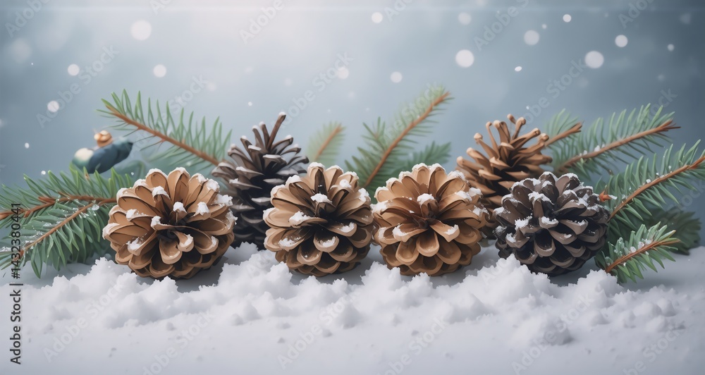 Poster a wintry scene with pine cones nestled in snow, accented with evergreen branches and delicate fallin