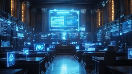 Futuristic Courtroom with Holographic Displays