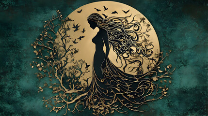 Silhouette figure with flowing hair, encircled by a detailed golden tree.