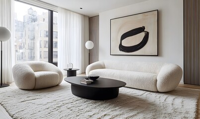 Minimalist, japandi style interior design of modern living room. Boucle sofa and accent armchair against beige wall with frame.


