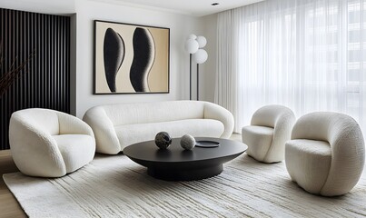 Minimalist, japandi style interior design of modern living room. Boucle sofa and accent armchair against beige wall with frame.


