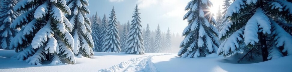 Obraz premium Heavy snow falls, lifting to unveil a snow covered pine forest , serene, background