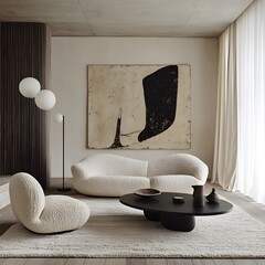 Modern Japandi style home interior with cozy boucle couch, stylish armchair, and neutral beige wall decor
