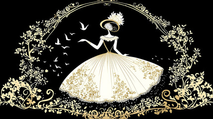 Elegant silhouette of a lady in a grand gown surrounded by decorative foliage and birds.