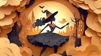 Silhouette of a lady in a Halloween costume, paper cut design.