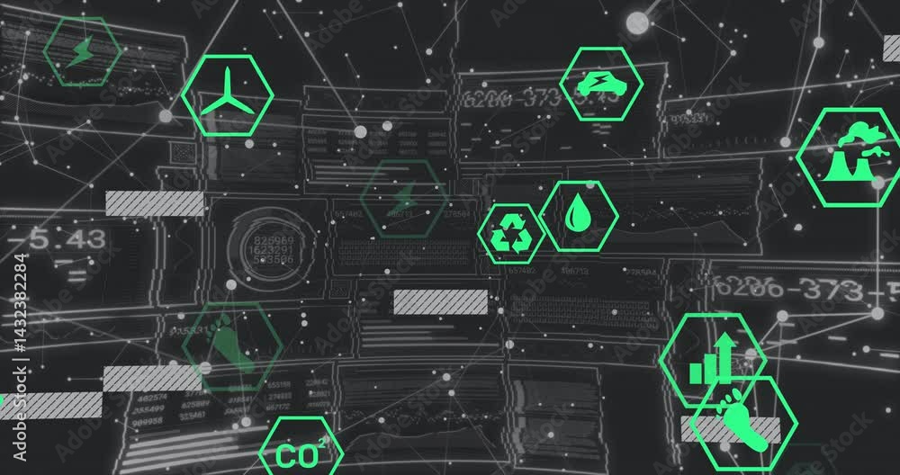 Poster neon green hex icons floating over 3d dark hud interface, showing energy data and network links