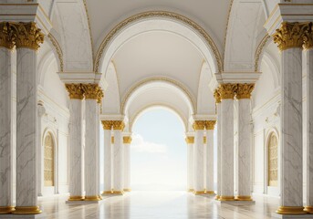 Obraz premium Interior view of a grand hall with marble columns and arches leading to a bright light source end point