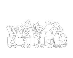 Cute kids on numbered train wagons with school stationery, fun education concept in line art style.