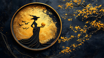 Golden, mysterious figure in a witch's hat, holding an , framed by the moon.
