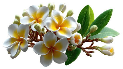 Naklejka premium Elegant Plumeria Blossom: A delicate composition of pristine white and yellow Plumeria blossoms, intertwined with vibrant green foliage, showcasing a vision of tropical beauty and floral refinement.