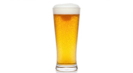 A pilsner glass filled with golden beer topped with a thick white head on a white background plain shot