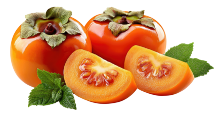 Persimmon Abundance: A close-up, brightly lit shot showcases fresh, ripe persimmons alongside vibrant green leaves, embodying the essence of the season