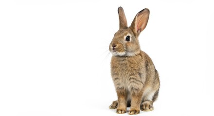 Obraz premium A light brown rabbit sitting upright with long ears on a white background in a studio setting