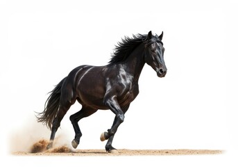 Obraz premium A majestic black horse galloping powerfully across a sandy surface on a bright white background