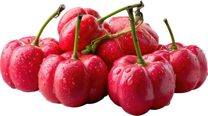 Juicy Acerola Cherries: A close-up shot showcases a vibrant pile of fresh acerola cherries, their bright red skin glistening with droplets, ready to burst with flavor. 
