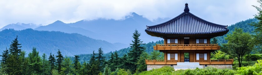 Obraz premium Tranquil Mountain Landscape with Traditional Asian Architecture