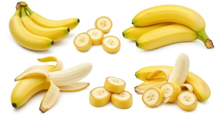 A collection of bananas displayed in various forms whole peeled and sliced on a white background