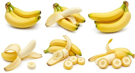 Various stages of bananas from whole bunches to peeled and sliced on a white background studio shot