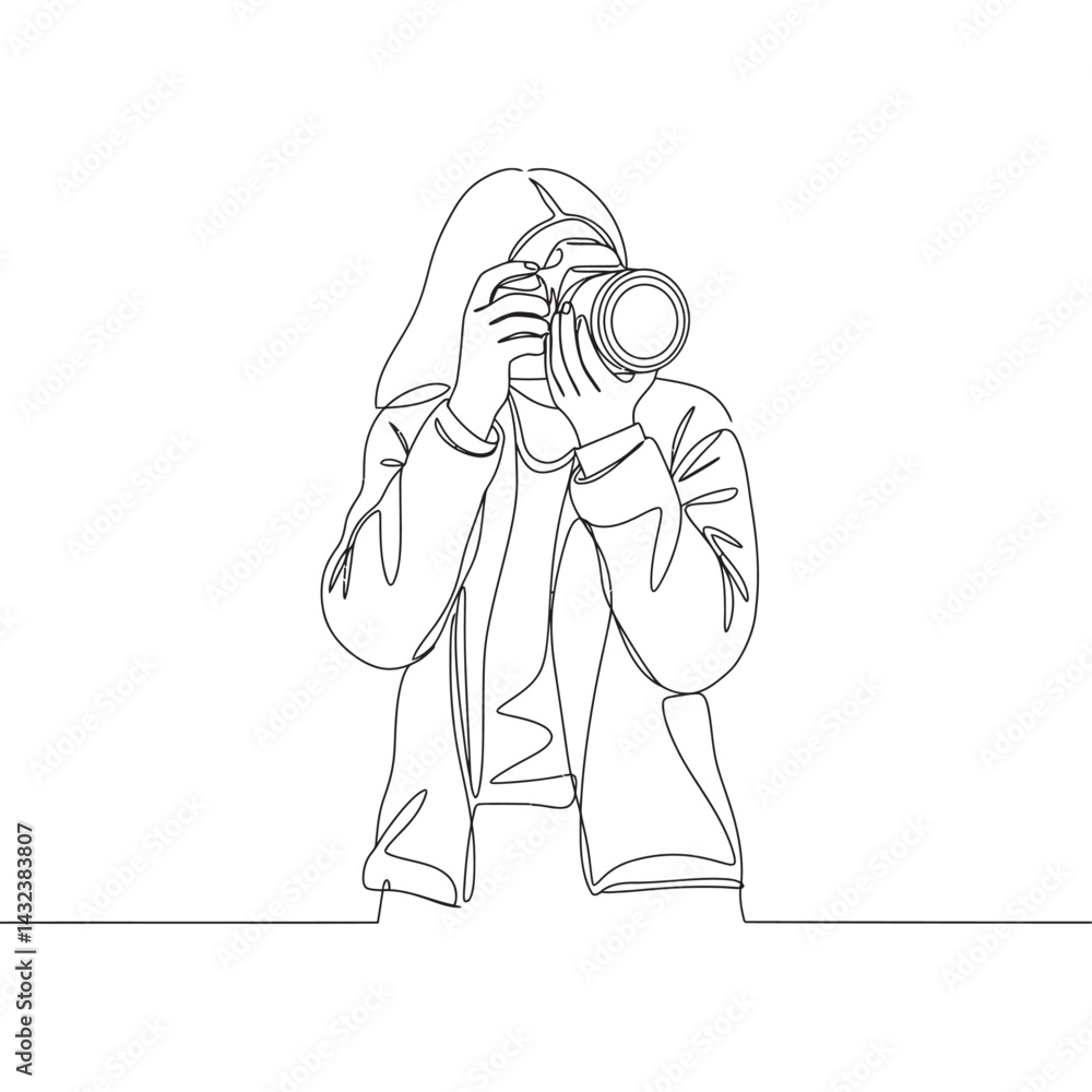Poster continuous line drawing of a woman taking a photo with a camera on a white background in a minimalis