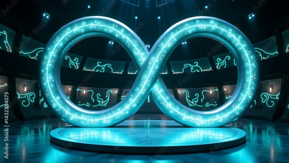 Poster digital infinity loop with neon illumination on stage in futuristic interior