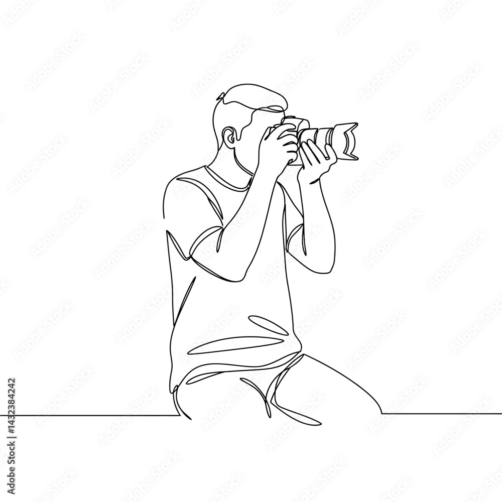 Poster continuous line drawing of a photographer holding a camera taking a picture in a simple style