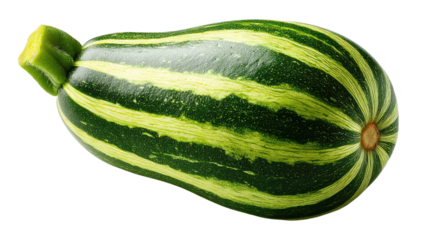 Fresh Zucchini in Green and Yellow Stripes: A vibrant close-up showcases a single, freshly picked zucchini. The vegetable's striking green and yellow stripes.