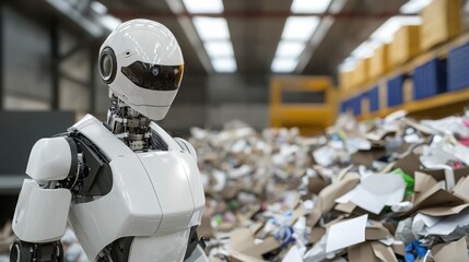 Fototapeta premium Realistic AI Robot Sorting Through Piles of Waste in High-Fidelity Environment