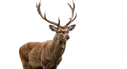 A brown deer standing in front of a white background with large antlers on its head looking forward