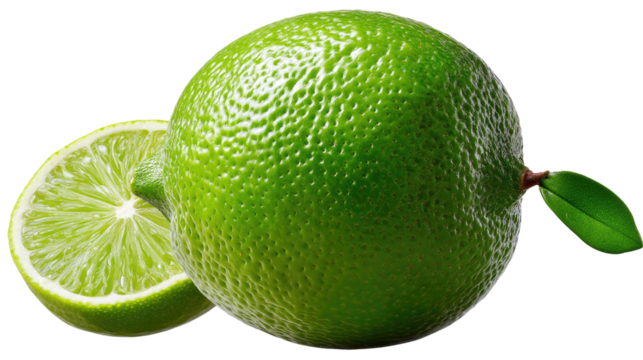Lime Freshness: A vibrant capture of a whole lime beside a perfectly cut lime slice, exuding freshness and natural goodness. Perfect for health-conscious creatives!