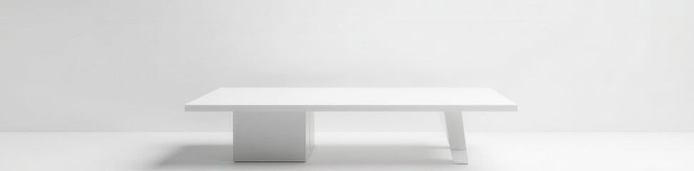 Fototapeta premium Immaculate white table, slender metal base, pure white setting , backdrop, metal legs, white table