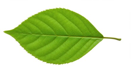 Obraz premium A bright green leaf with prominent veins isolated on a white background showing its serrated edges