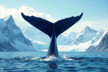 Naklejka premium Immense whale tail against snowy Alaskan peaks , nature, aerial view, backdrop