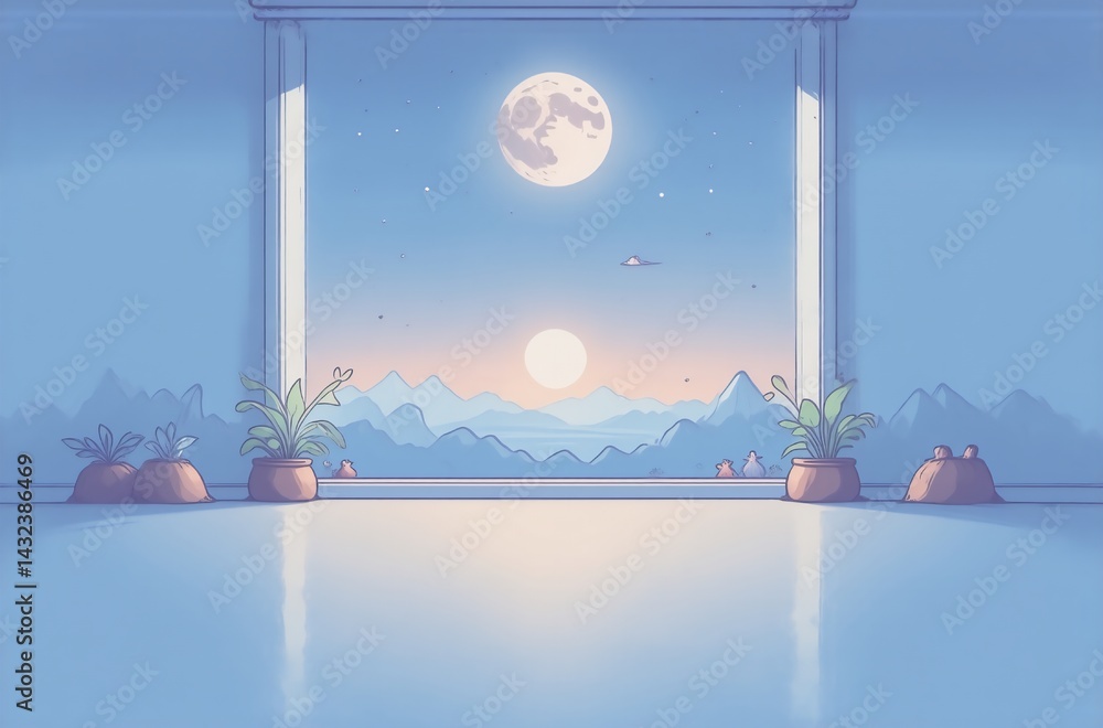 Poster serene moonlit landscape viewed from a minimalist room. a perfect avatar background featuring a tran