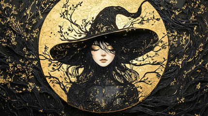 Golden, mysterious woman in a witch's hat, surrounded by dark foliage.
