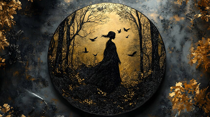 Golden woodland scene with a dark silhouette figure.