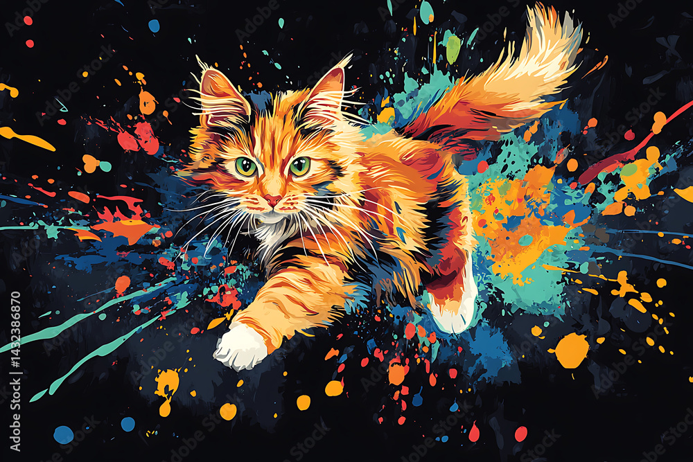 Poster colorful cat running through a vibrant abstract background with splashes of paint