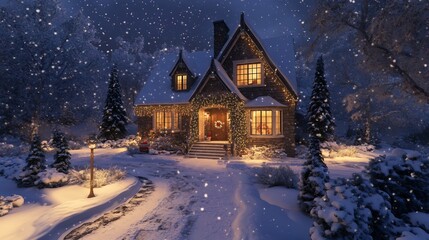Naklejka premium Snow-Kissed Cottage: A Festive Winter Night Scene
