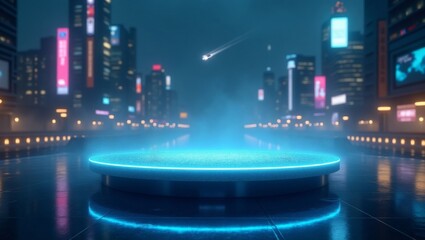 Futuristic Cityscape with a Glowing Stage in the Center Showcasing an Event