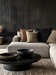 Modern farmhouse living room 2025 with beige sofa, black wood wall, and cozy textured interior accents
