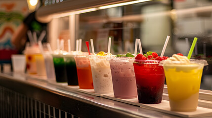 A row of colorful smoothies and drinks in plastic cups with straws on a counter display case shelf