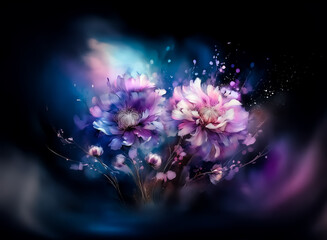 Hints: flowers, colorful, dark background.

A colorful floral arrangement is presented against a dark background.  The flowers burst with hues of purple, blue, and pink, creating a dreamy atmosphere.