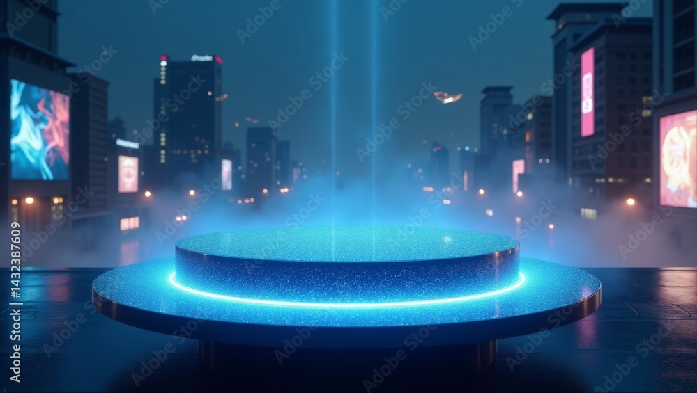 Poster futuristic illuminated platform in a cyberpunk city at twilight for digital display