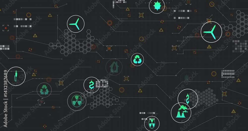 Poster futuristic ui showing network of glowing green energy icons linked by circuit lines being animated