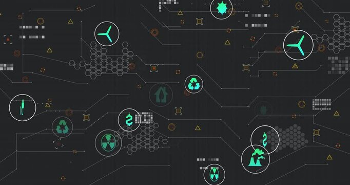 Futuristic UI showing network of glowing green energy icons linked by circuit lines being animated