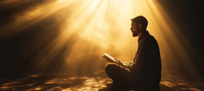 Muslim man praying and read the Quran holy book with shiny light effect. Islam religion concept. Generative video AI technology.	
