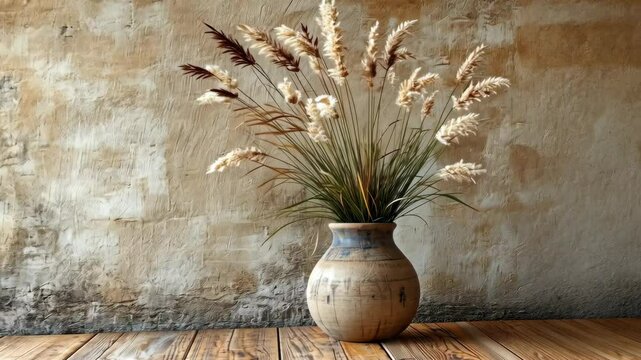 Dried flowers in rustic vase, wood table, textured wall