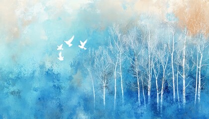Winter forest scene with birds in soft colors