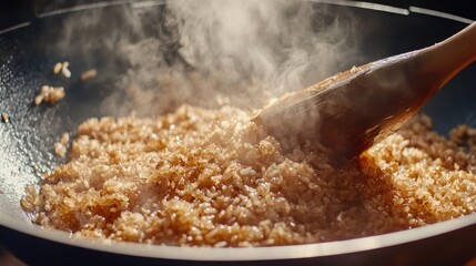 Fried rice sizzling in a wok with visible steam and caramelized soy sauce glistening on the grains