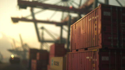 Fototapeta premium Stacked shipping containers at busy port with cranes, global logistics and supply chain concept, international trade and cargo transportation industry.