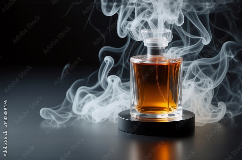 Poster a sophisticated amber perfume bottle sits on a dark stand, enveloped by swirling white smoke, creati